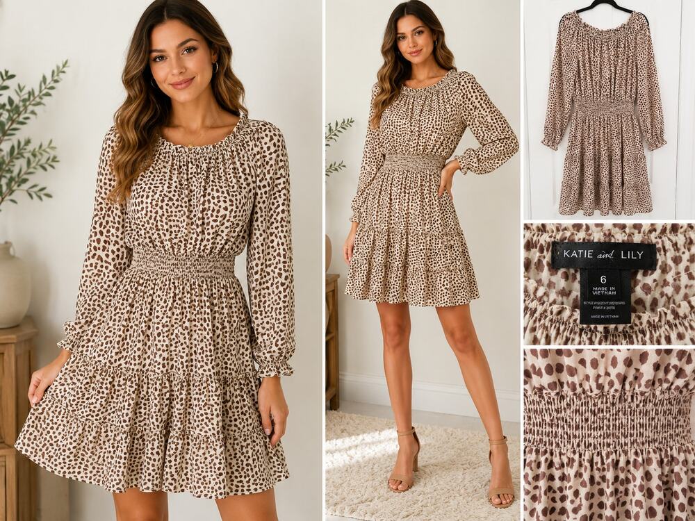 Katie & Lily Leopard Print Smocked Mini Dress Size 6 Long Sleeve Tiered Boho